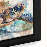 Close-up of a framed canvas wall art piece featuring a vibrant marine life turtle design, showcasing intricate details and rich colors, perfect for ocean-themed decor.