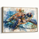 Framed canvas wall art depicting a vibrant marine life turtle design in gold tones, showcasing intricate details and textures, perfect for ocean-themed decor.