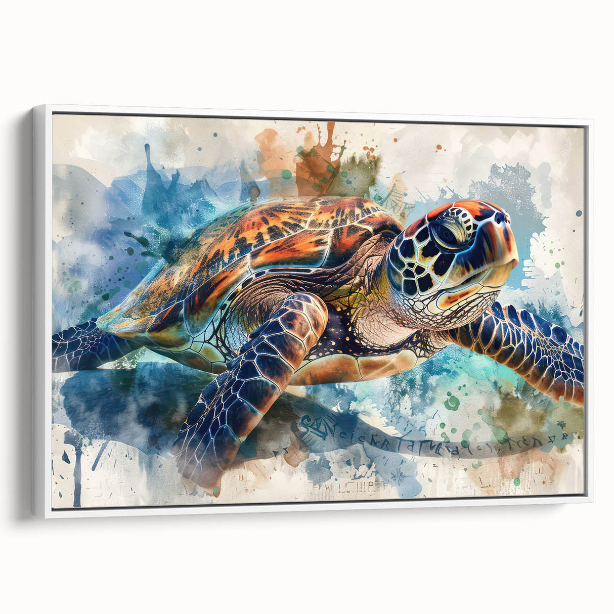 Framed canvas wall art showcasing a vibrant marine life turtle design, featuring shades of blue and green. Ideal for ocean-themed decor, this artwork adds a touch of nature to any space.