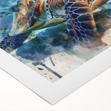 Colorful marine life wall art featuring a vibrant turtle design on rolled canvas, perfect for ocean-themed decor. Ideal for enhancing any living space with a coastal vibe.