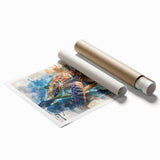 Colorful marine life wall art featuring a turtle design, printed on high-quality paper, showcasing vibrant blues and greens with intricate details, perfect for ocean-themed decor.