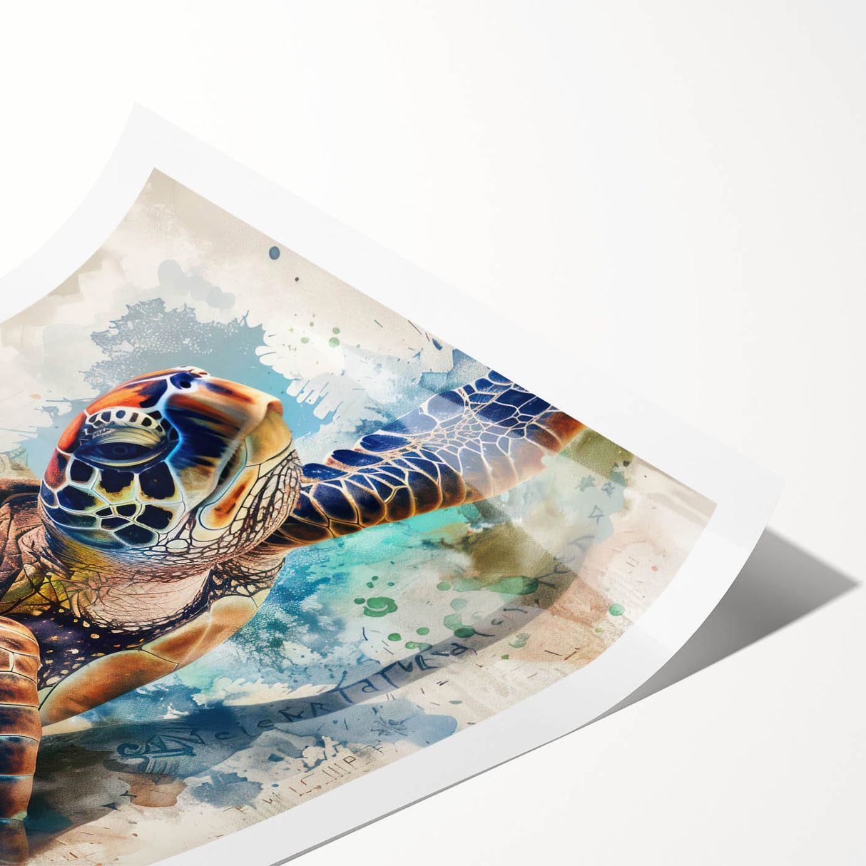 Vibrant rolled wall art print showcasing a detailed marine life design featuring a graceful turtle, perfect for ocean-themed decor, presented in a protective tube.