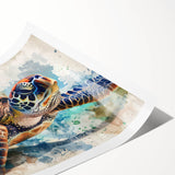 Vibrant rolled wall art print showcasing a detailed marine life design featuring a graceful turtle, perfect for ocean-themed decor, presented in a protective tube.