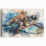Colorful marine life wall art featuring a detailed turtle design on stretched canvas, perfect for ocean-themed decor. Ideal for enhancing living spaces with a vibrant touch.