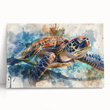 Stretched canvas wall art featuring a vibrant marine life turtle design, showcasing intricate details and vivid colors, ideal for beach-themed decor.