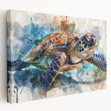 Side view of a vibrant stretched canvas wall art piece featuring a marine life turtle design, highlighting intricate details and vivid colors, perfect for ocean-themed decor.