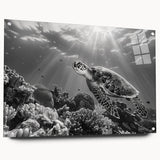 Acrylic glass wall art showcasing a vibrant marine turtle design, displayed in a side view with stylish pins, perfect for ocean-themed decor.