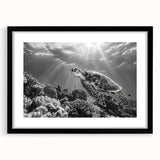 Black-framed wall art featuring a colorful marine life design with a turtle, showcasing vibrant blues and greens, perfect for ocean-themed decor.