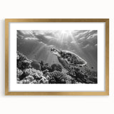 Marine life wall art showcasing a beautifully designed turtle with intricate details, framed in gold, perfect for ocean-themed decor. The artwork captures vibrant colors and textures, enhancing any living space with a touch of nature.