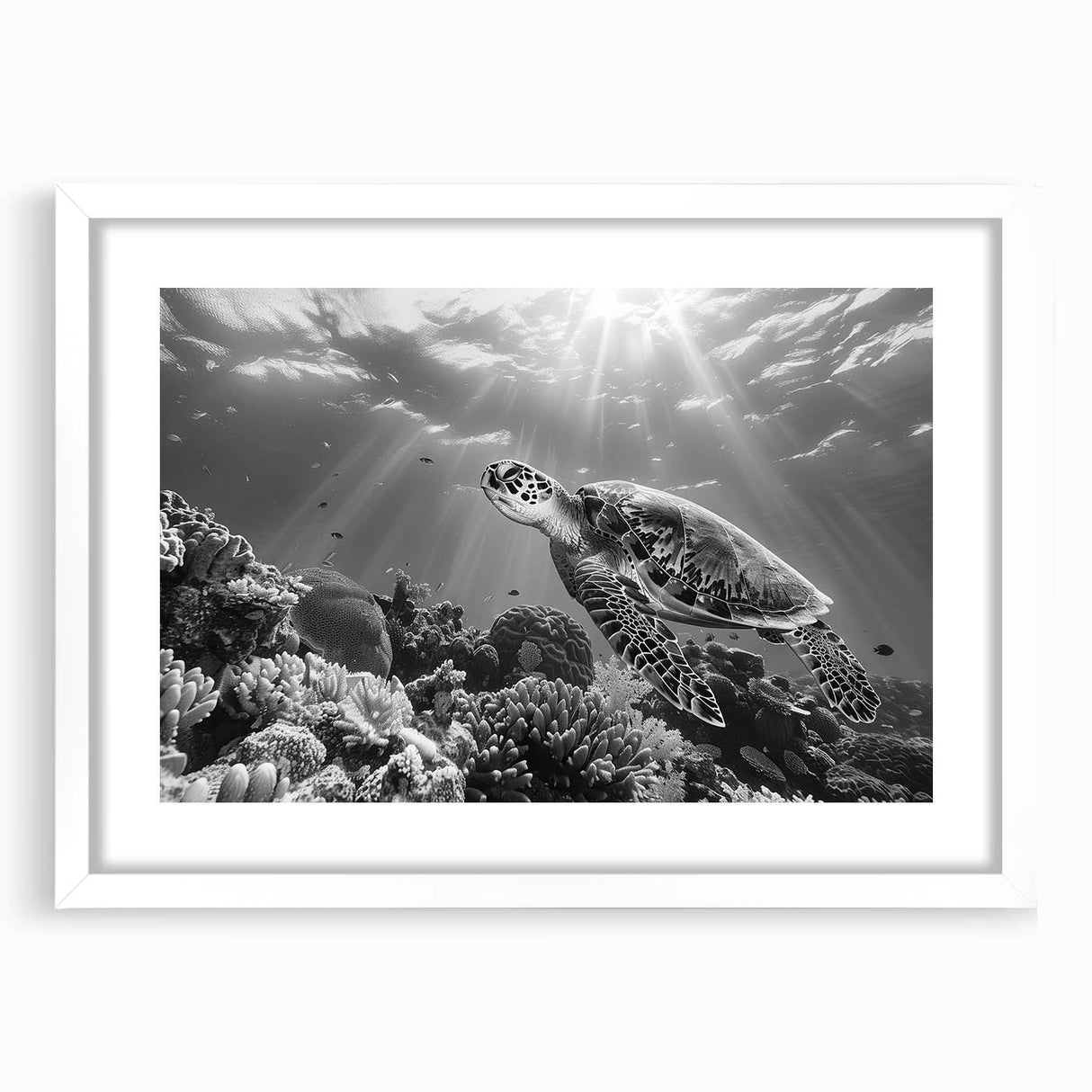 White-framed wall art featuring a vibrant marine life turtle design, showcasing detailed ocean elements, perfect for enhancing coastal-themed decor.