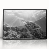 Framed wall art showcasing a vibrant marine life turtle design, featuring a sleek black frame and acrylic front, ideal for ocean-themed decor.