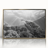 Framed acrylic wall art featuring a detailed marine life design with a vibrant turtle, showcasing gold accents and a modern aesthetic perfect for ocean-themed decor.