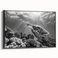 Framed wall art featuring a detailed marine life turtle design on a black canvas, showcasing vibrant colors and textures, ideal for ocean-themed decor.