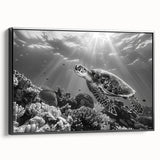 Framed wall art featuring a detailed marine life turtle design on a black canvas, showcasing vibrant colors and textures, ideal for ocean-themed decor.