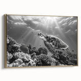 Framed canvas wall art showcasing a vibrant marine life design featuring a detailed sea turtle, elegantly displayed with a gold frame against a neutral background.