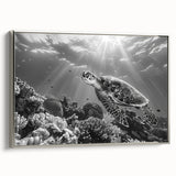 Framed canvas wall art showcasing a detailed marine life design featuring turtles, set against a silver background, perfect for ocean-themed decor.