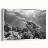 Framed canvas wall art featuring a vibrant marine life design with a turtle, showcasing intricate details and a white frame, perfect for ocean-themed decor.
