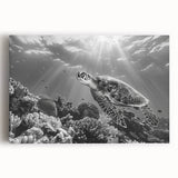 Colorful marine life wall art featuring a turtle design on stretched canvas. Ideal for ocean-themed decor, showcasing intricate details and vibrant colors.