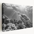 Stretched canvas wall art showcasing a vibrant marine life design featuring a detailed sea turtle, set against a colorful underwater background, perfect for ocean-themed decor.