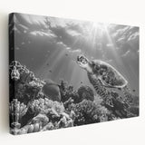 Stretched canvas wall art showcasing a vibrant marine life design featuring a detailed sea turtle, set against a colorful underwater background, perfect for ocean-themed decor.