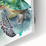 Close-up of marine life wall art featuring a beautifully detailed turtle design, printed on acrylic glass, showcasing vibrant colors and intricate textures. Perfect for ocean-themed decor.