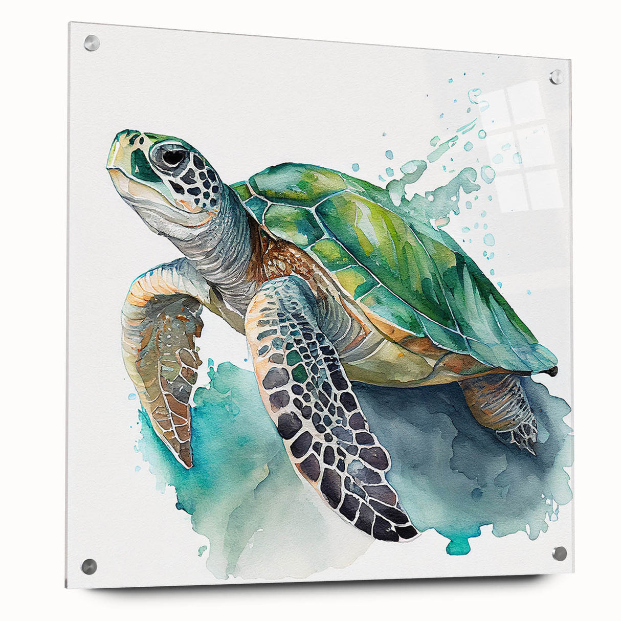 Acrylic wall art displaying a vibrant marine life design featuring a turtle, presented in a side view with decorative pins, ideal for coastal-themed decor.