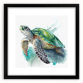Framed wall art featuring a vibrant marine life design with a turtle, set against a black background, perfect for ocean-themed decor. Ideal for enhancing home aesthetics.