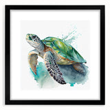 Framed wall art featuring a vibrant marine life design with a turtle, set against a black background, perfect for ocean-themed decor. Ideal for enhancing home aesthetics.