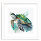 Framed wall art featuring a vibrant marine life turtle design in a white mat, ideal for ocean-themed decor. Perfect for beach house or aquatic art collections.