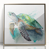 Framed wall art featuring a vibrant marine life design with a turtle, set in a gold-accented frame, perfect for ocean-themed decor in living spaces.