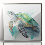Framed acrylic wall art featuring a vibrant marine life turtle design in silver, showcasing intricate details and a modern aesthetic, ideal for ocean-themed decor.