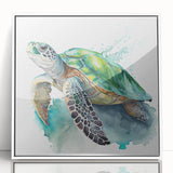 Framed acrylic wall art displaying an intricate marine life turtle design, featuring vibrant colors and a sleek white frame, ideal for ocean-themed decor.