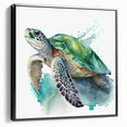 Framed canvas wall art featuring a marine life design of a turtle, showcased in a sleek black frame, perfect for ocean-themed decor in homes or offices.