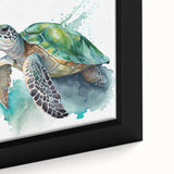 Close-up of a framed canvas wall art piece showcasing a vibrant marine life turtle design, featuring intricate details and textures, perfect for ocean-themed decor.