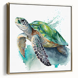 Framed wall art featuring a vibrant marine life design with a turtle, set against a gold background. Perfect for ocean-themed decor in living spaces.