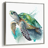 Framed wall art showcasing a serene marine life design featuring a turtle, presented in a silver frame against a neutral background, perfect for ocean-themed decor.