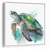 Framed wall art featuring a stunning marine life design with a turtle, set against a white background, showcasing vibrant colors and intricate details, perfect for ocean-themed decor.