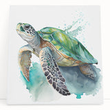 Vibrant marine life wall art featuring a colorful turtle design on stretched canvas, elegantly leaning against a neutral wall, enhancing coastal decor.