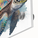 Close-up of a vibrant marine life wall art design showcasing a colorful turtle, printed on acrylic glass, perfect for ocean-themed decor and nature lovers.