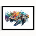 Framed wall art collection showcasing a marine life turtle design with a black mat, perfect for ocean-themed decor, highlighting vibrant colors and intricate details. Ideal for adding a coastal touch to any room.