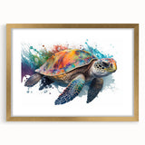 Framed wall art featuring a vibrant marine life turtle design with a gold mat, perfect for ocean-themed decor, showcasing intricate details and vivid colors.