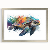 Framed wall art featuring a marine life design with a turtle motif, set in a silver frame with a mat, perfect for ocean-themed decor. Ideal for enhancing coastal interiors.