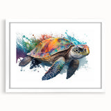Framed wall art featuring a vibrant marine-life design, showcasing a turtle against a white background, perfect for ocean-themed decor in any room.