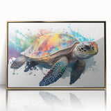 Framed wall art collection showcasing a vibrant marine life turtle design, featuring gold accents and a sleek acrylic front for a modern aesthetic.