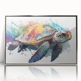 Framed acrylic wall art featuring a detailed marine life design with a turtle, showcased in a sleek silver frame, ideal for ocean-themed decor.