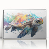 Framed acrylic wall art showcasing a vibrant marine life turtle design, featuring a white frame and vivid colors, ideal for ocean-themed decor.