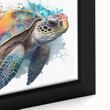 Close-up view of a framed marine life wall art piece showcasing a vibrant turtle design on canvas, featuring intricate details and rich colors, perfect for ocean-themed decor.
