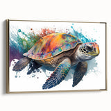 Framed canvas wall art featuring a vibrant marine life design showcasing a turtle in gold accents, perfect for ocean-themed decor in living spaces.