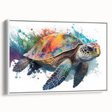 Framed canvas wall art featuring a vibrant marine life turtle design, showcasing intricate details in shades of blue and green, perfect for ocean-themed decor.