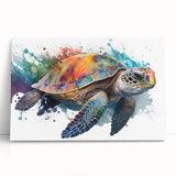 Colorful marine life wall art showcasing a turtle design, printed on stretched canvas, leaning against a wall. Ideal for ocean-themed decor and nature lovers.